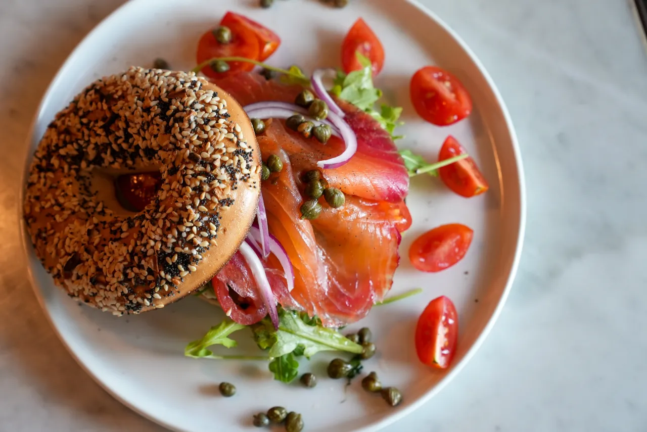 everything bagel, open face with beet-cured gravlax, capers and red onion